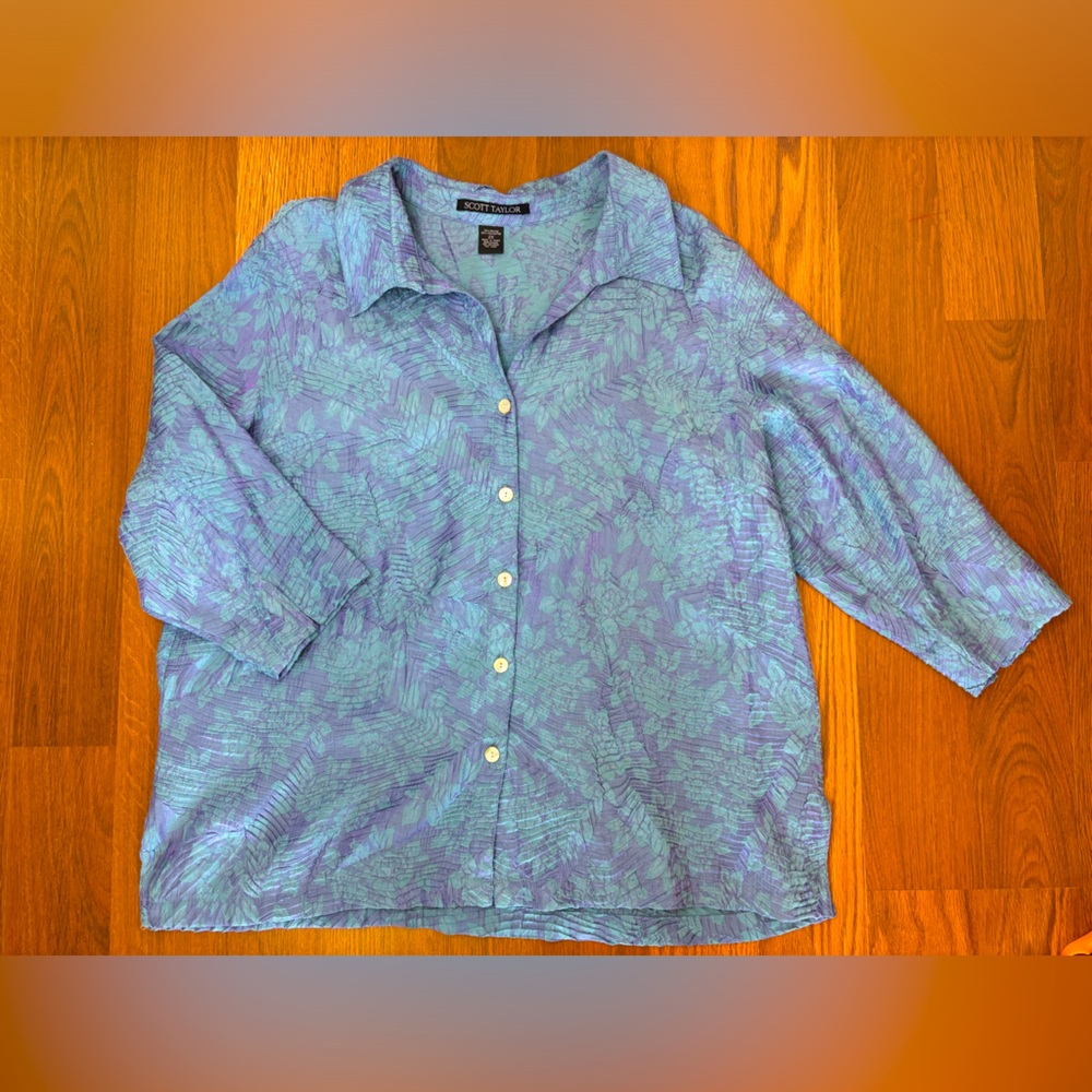 SCOTT TAYLOR Women's 2X Button Up Crinkle Blue Green Lightweight 3/4 Long Sleeve